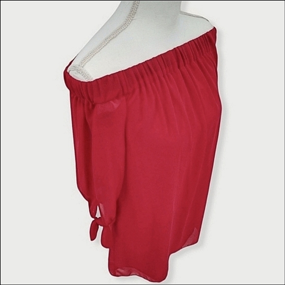 BCX Wmns Y2K Solid Red Sheer 3/4 Bowtie Sleeve Cold Shoulder Shift Dress SzM NWT - Picture 5 of 12